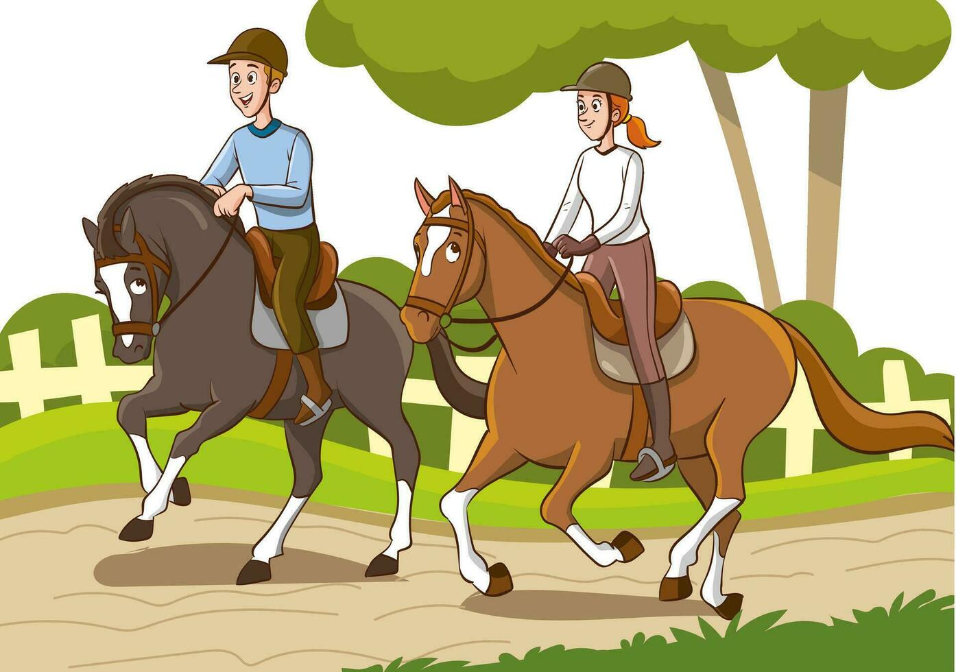 cavallo cavalieri. vettore illustrazione di un' gruppo di giovane persone equitazione cavalli.