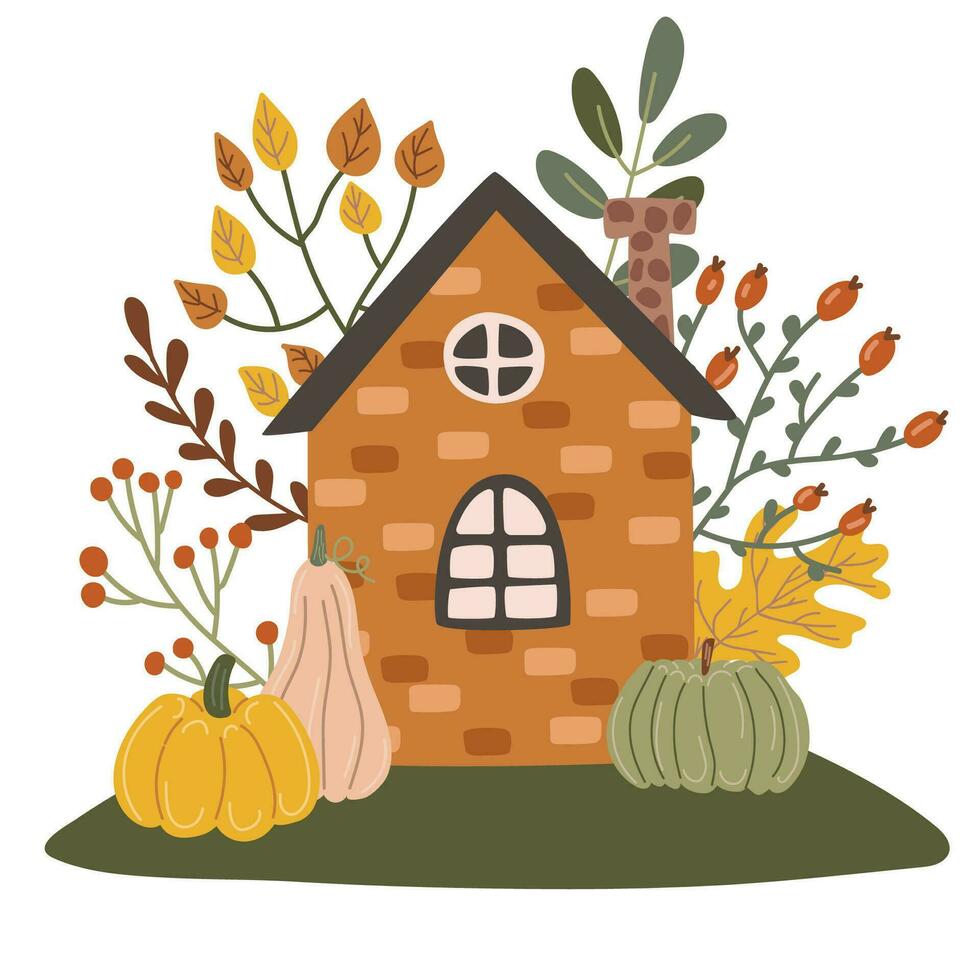 Casa con alberi. autunno stagione. vettore illustrazione nel piatto cartone animato stile.