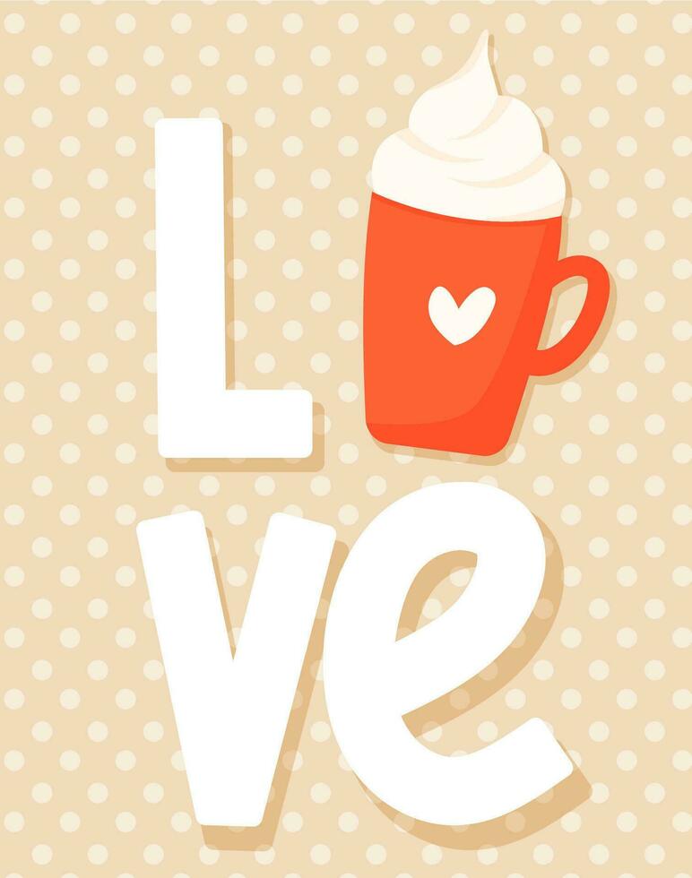 carino San Valentino giorno saluto carta con caffè boccale su polka punto sfondo. amore vettore illustrazione