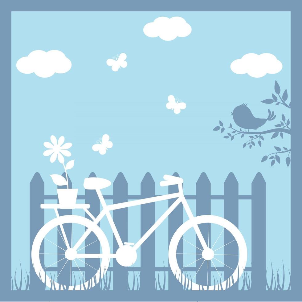 bicicletta sullo sfondo di una recinzione, taglio della carta, illustrazione estiva su strati per la lavorazione vettore