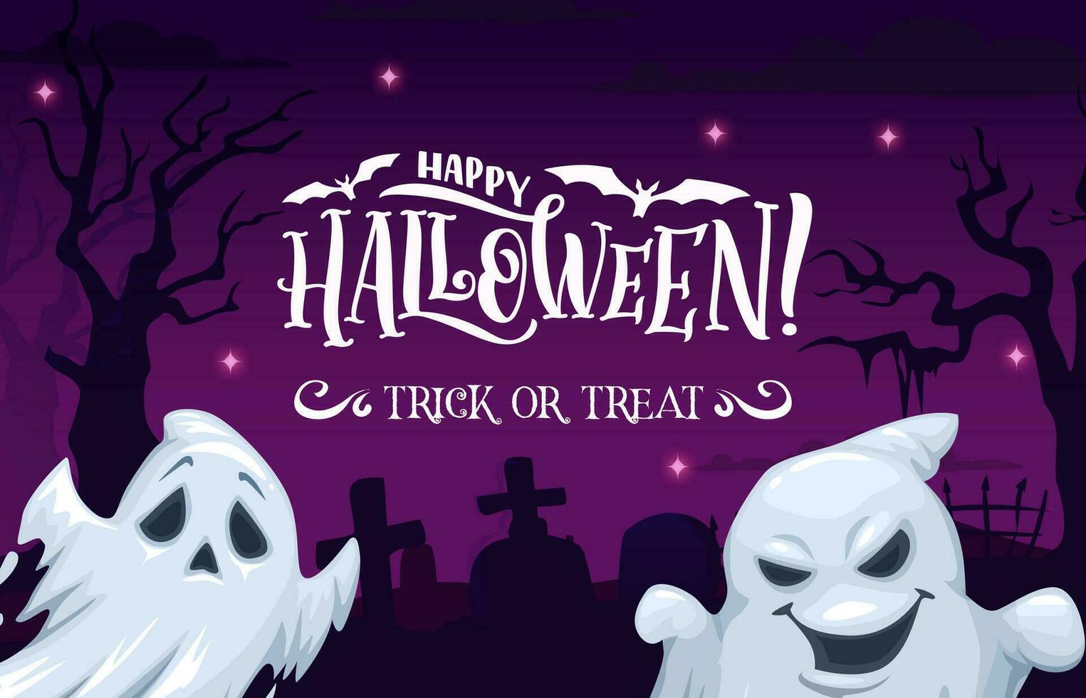 cartone animato Halloween fantasma su mezzanotte cimitero vettore