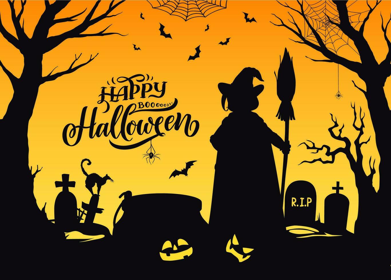 Halloween vacanza strega silhouette su cimitero vettore