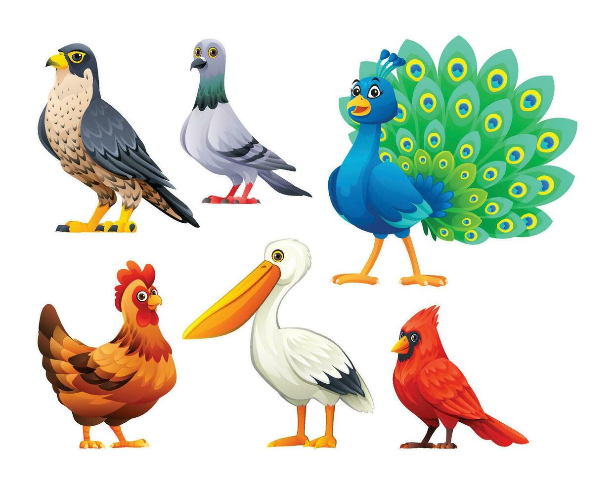 impostato di uccelli vettore cartone animato illustrazione. falco, piccione, pavone, gallina, pellicano e cardinale