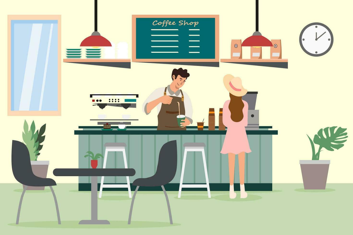 nel il caffè negozio con un' barista e un' cliente. un' caffè negozio interno. un' barista uomo fabbricazione caffè. vettore