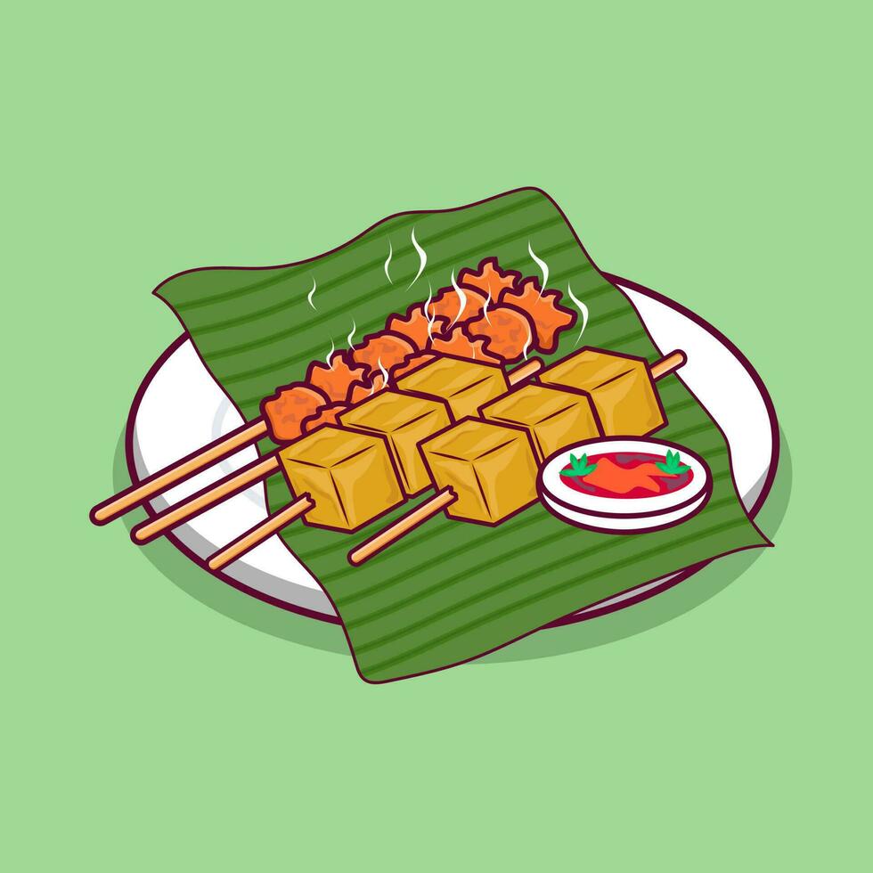dettagliato di satay e tofu su verde foglia con bianca piatto illustrazione vettore