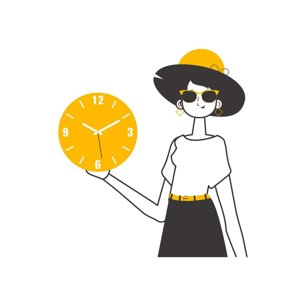 un' donna è Tenere un' orologio nel sua mani. tempo gestione concetto. lineare di moda stile. isolato. vettore illustrazione.