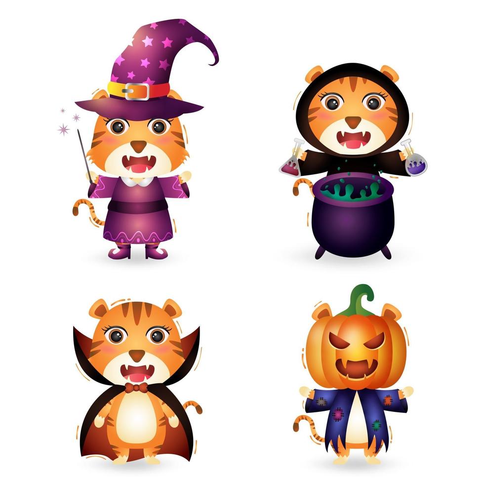 simpatiche tigri con la collezione di personaggi di halloween in costume vettore