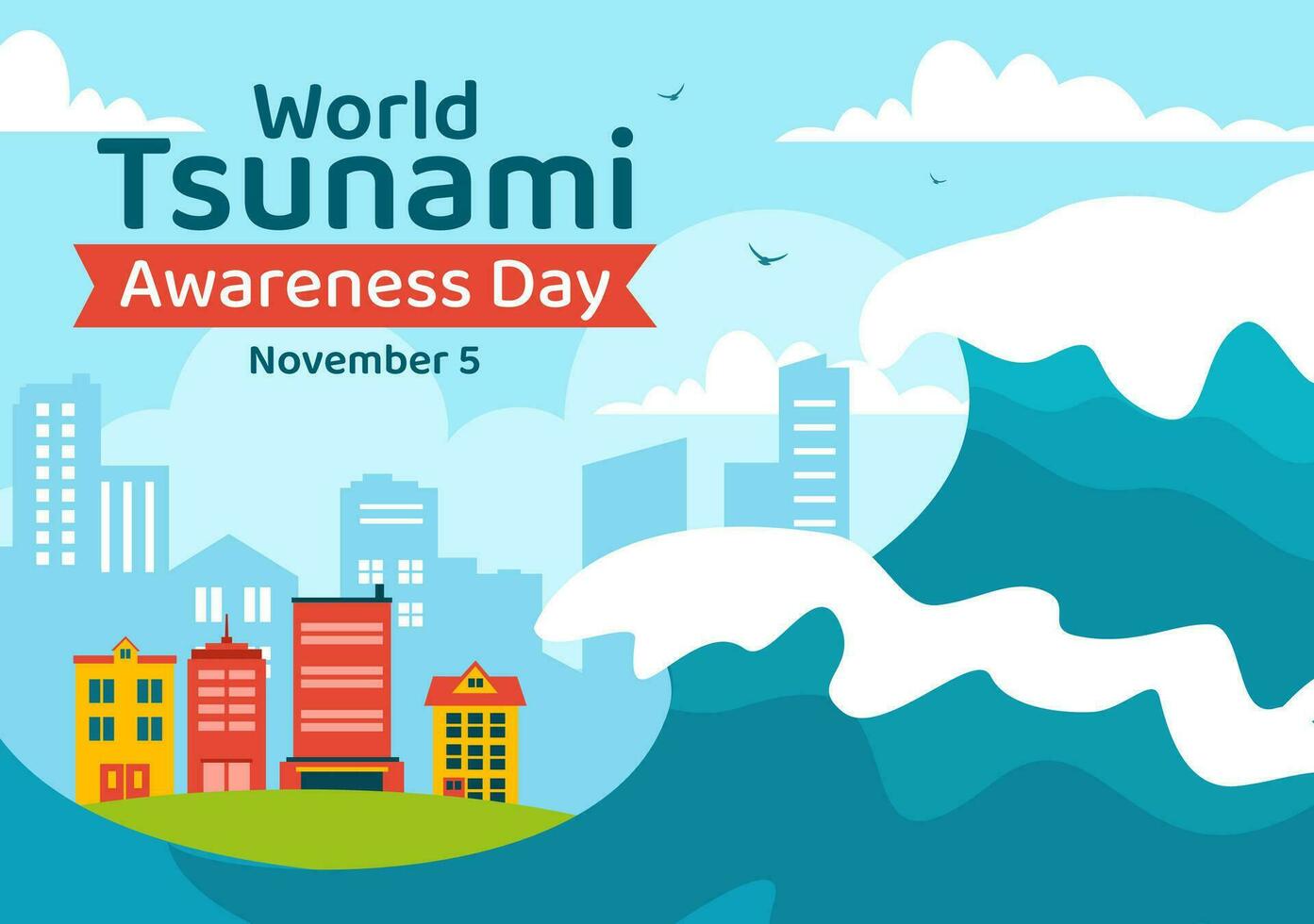 mondo tsunami consapevolezza giorno vettore illustrazione su 5 novembre con onde colpire case e edificio paesaggio nel piatto cartone animato sfondo modelli