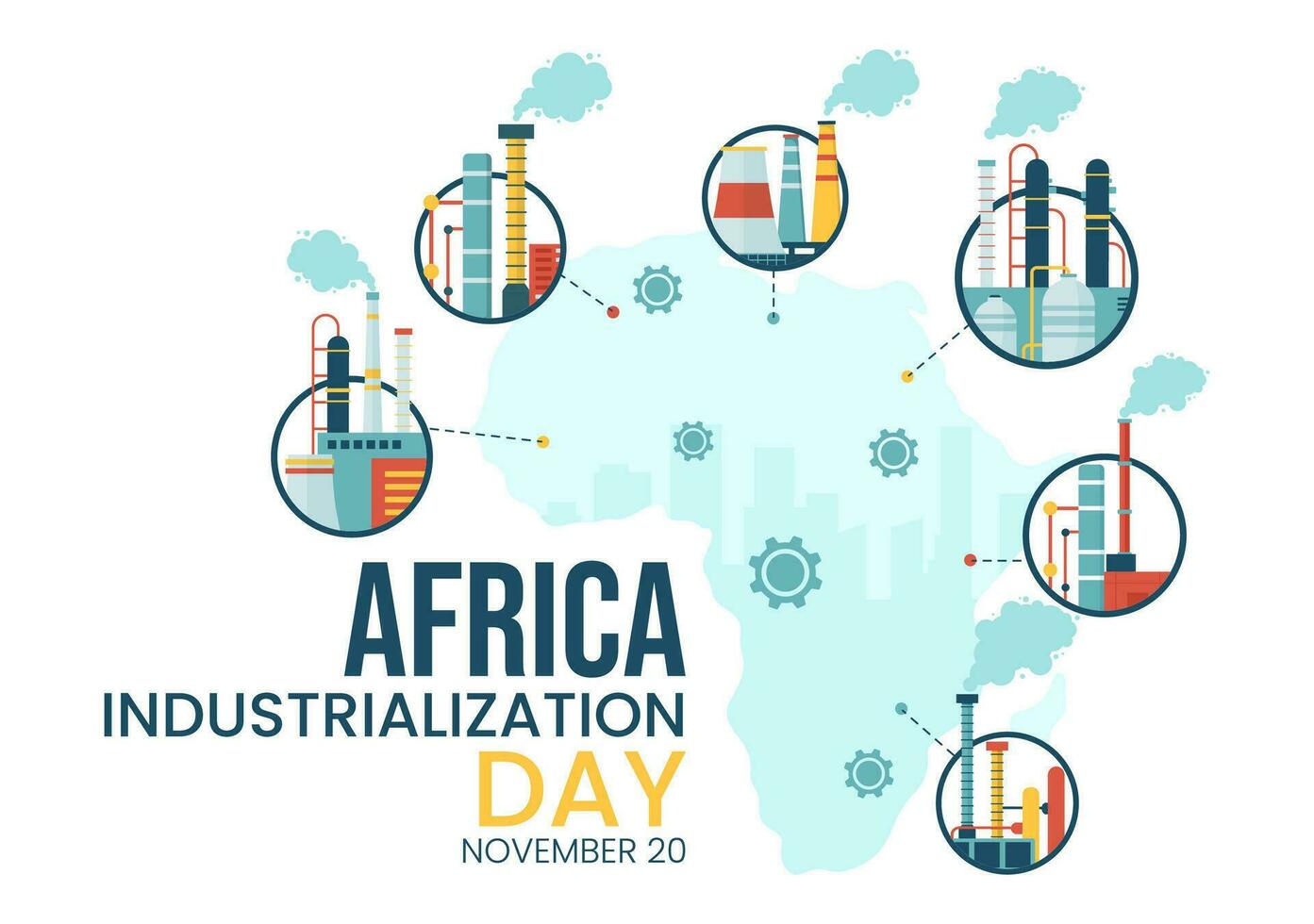 africano industrializzazione giorno vettore illustrazione di fabbrica edificio operativo con camini nel il centro di il città nel piatto cartone animato sfondo