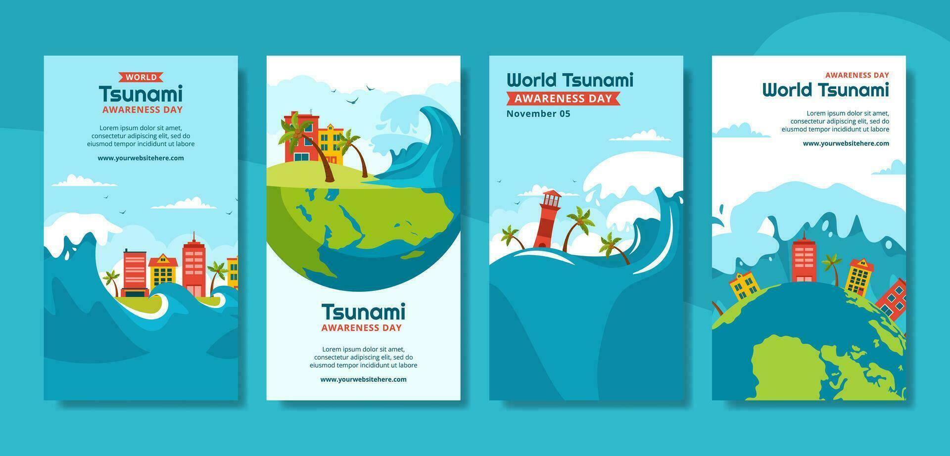 mondo tsunami consapevolezza giorno sociale media storie cartone animato modelli sfondo illustrazione vettore