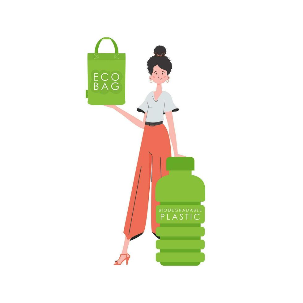 un' donna detiene un eco Borsa nel sua mani. il concetto di ecologia e cura per il ambiente. isolato su bianca sfondo. tendenza style.vector illustrazione. vettore