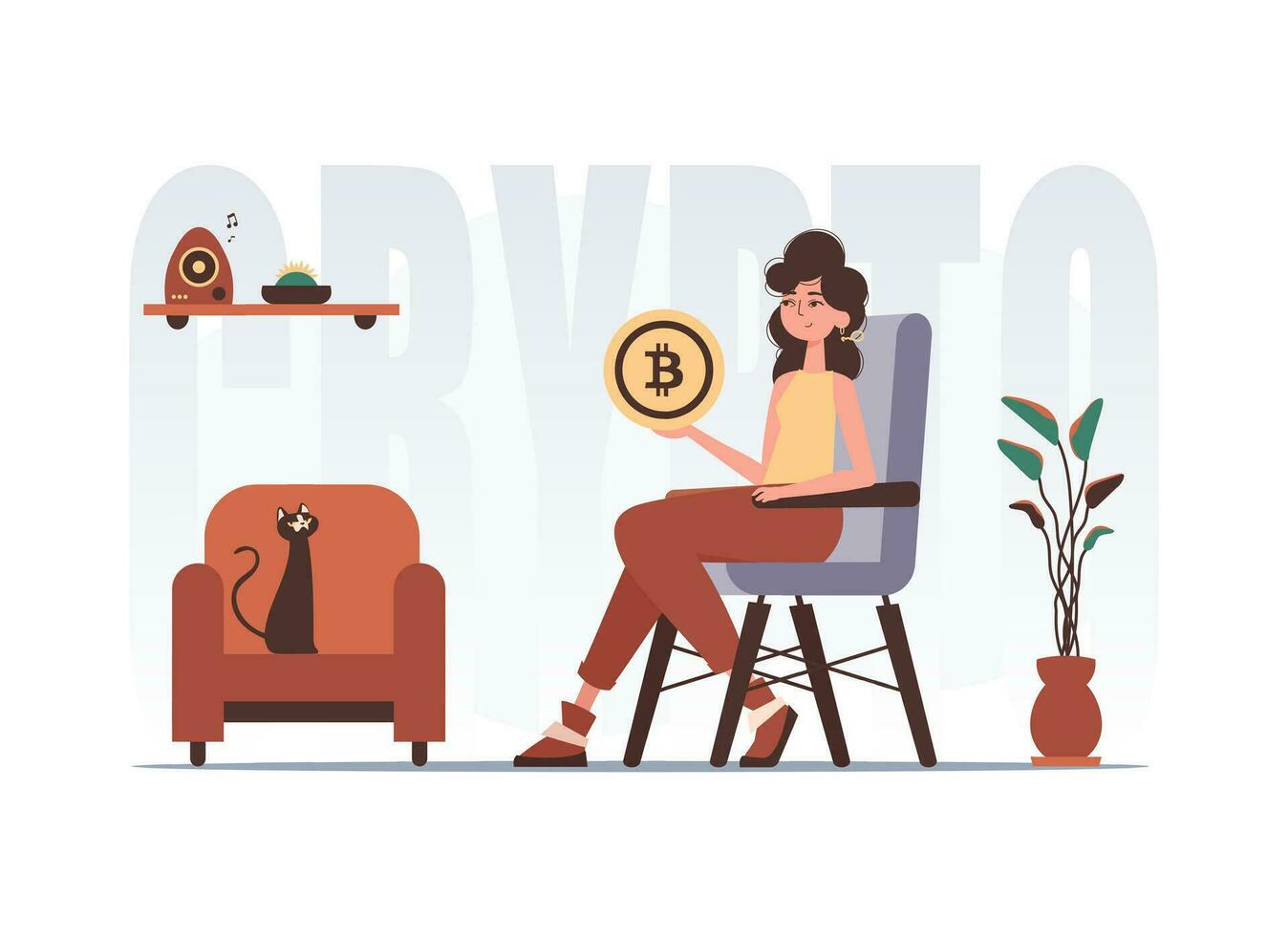 il concetto di estrazione e estrazione di bitcoin. un' donna si siede nel un' sedia e detiene un' bitcoin nel sua mani. personaggio con un' moderno stile. vettore