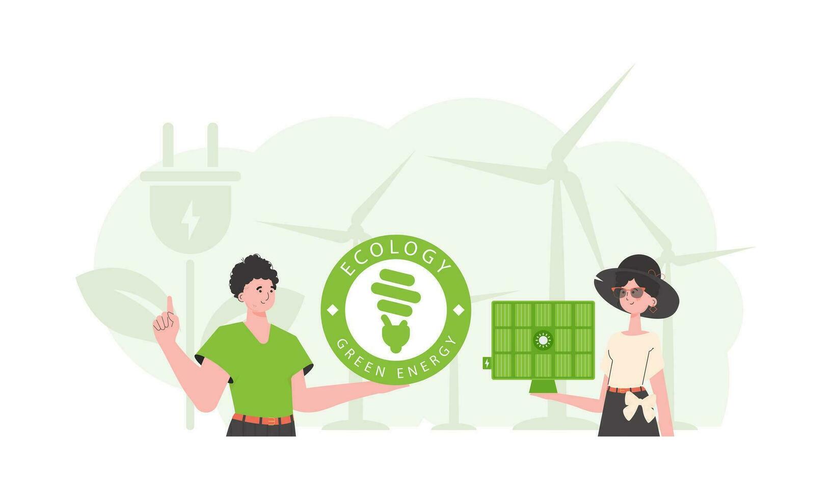 un' ragazza e un' tipo e un' solare pannello. verde energia concetto. vettore illustrazione.