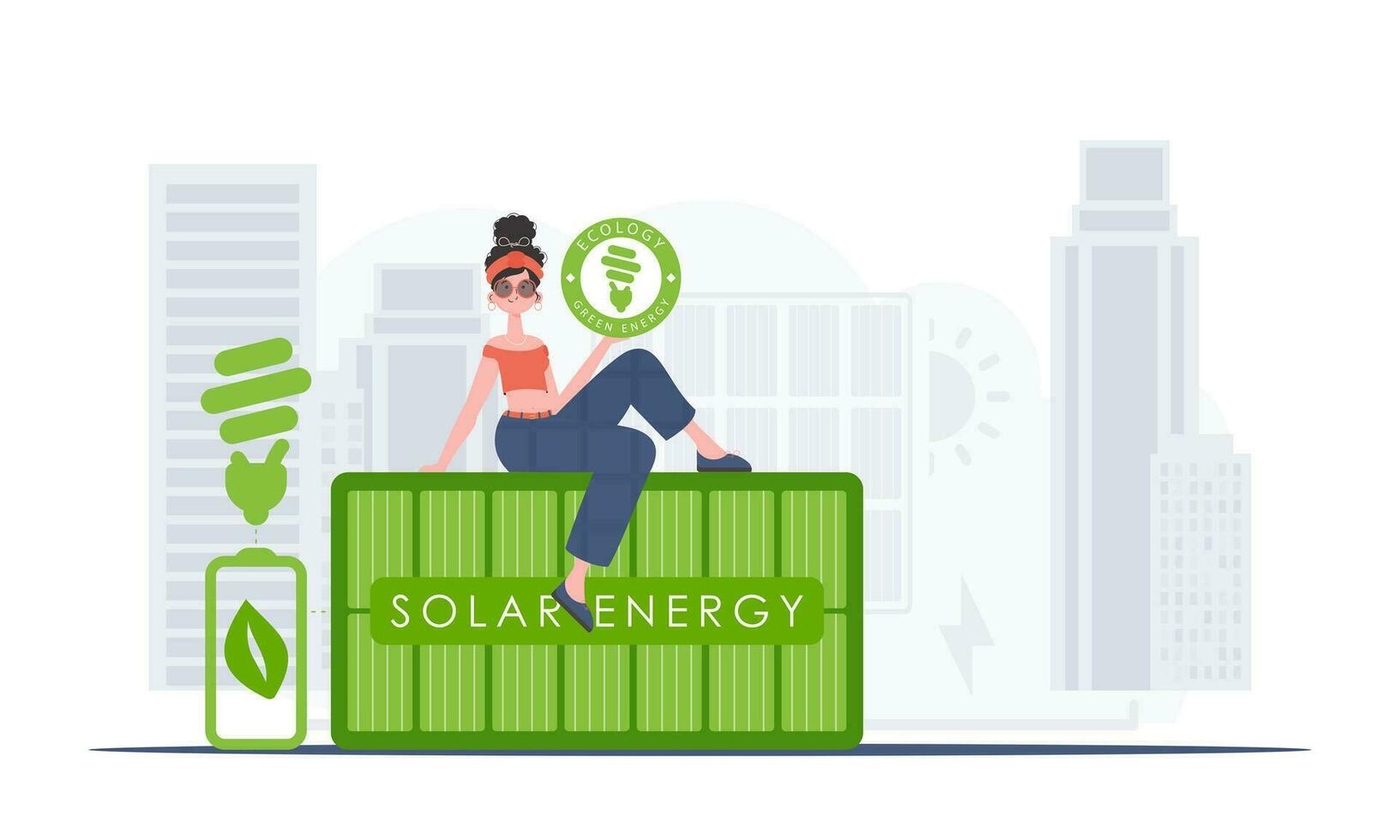 il concetto di ecologia e verde energia. il ragazza si siede su il solare pannello e detiene il eco logo nel sua mani. di moda stile. vettore illustrazione.