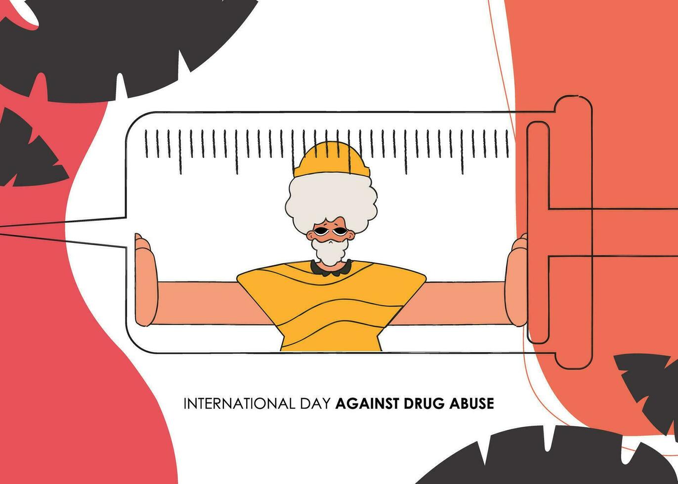 internazionale giorno contro droghe. un' uomo dentro un' siringa. vettore