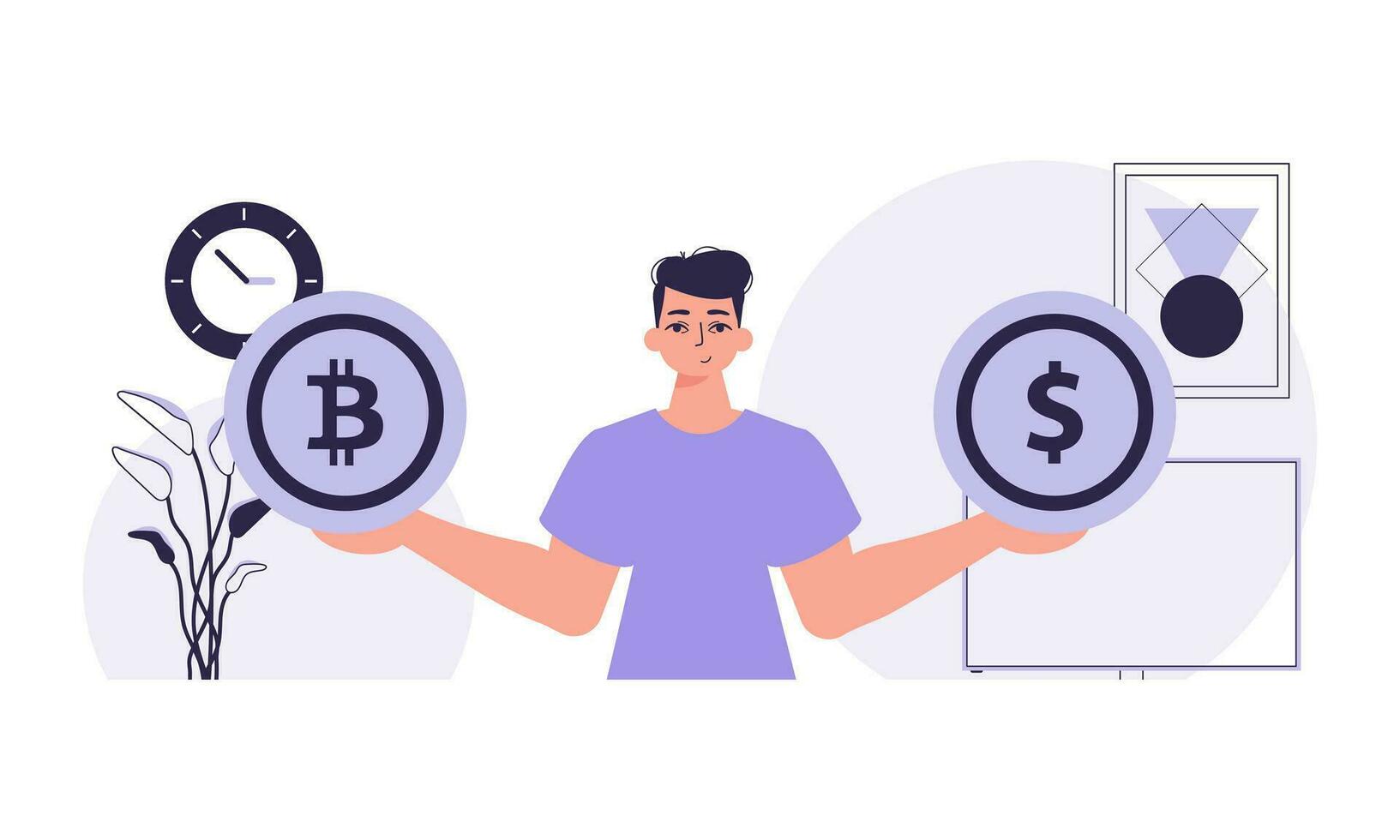 il concetto di estrazione e estrazione di bitcoin. un' uomo detiene un' bitcoin e un' dollaro nel il modulo di monete nel il suo mani. personaggio nel di moda stile. vettore