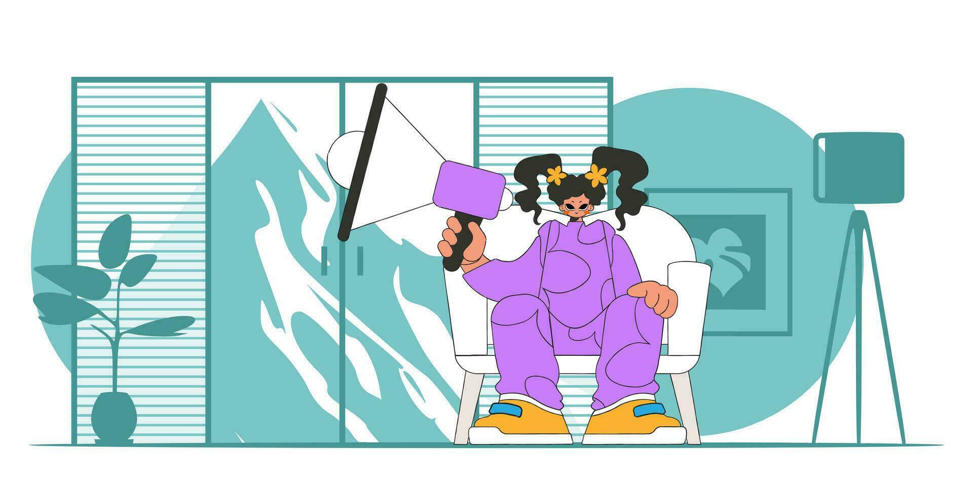 stilizzato vettore illustrazione di un' hr rappresentante. un' giovane ragazza si siede nel un' sedia e detiene un' megafono nel il suo mano.