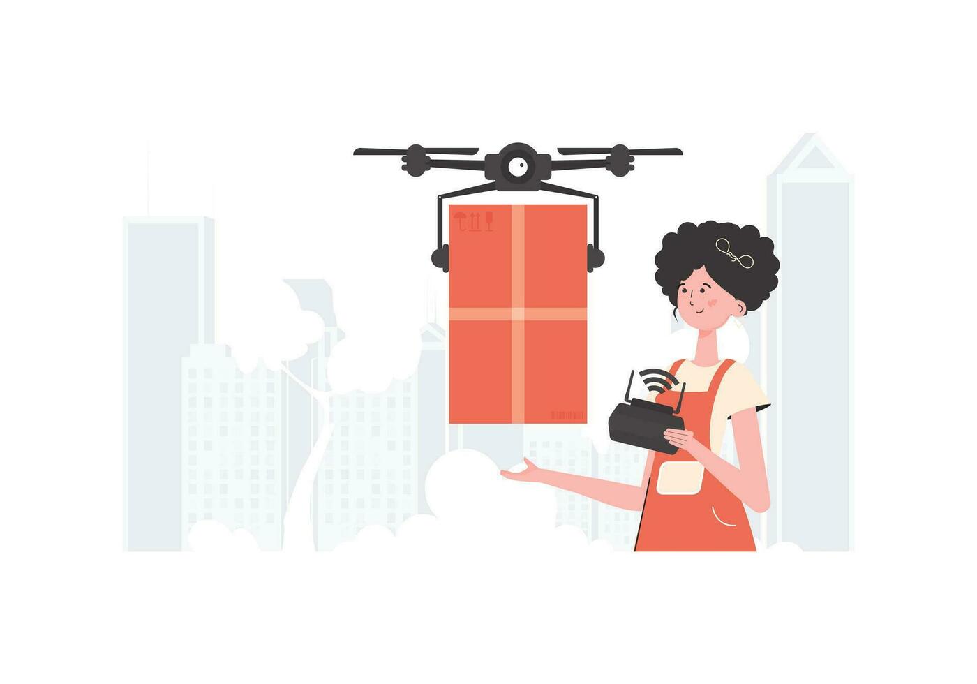 un' donna controlli un' quadcopter con un' pacco. il concetto di carico consegna di aria. piatto moderno design. vettore. vettore