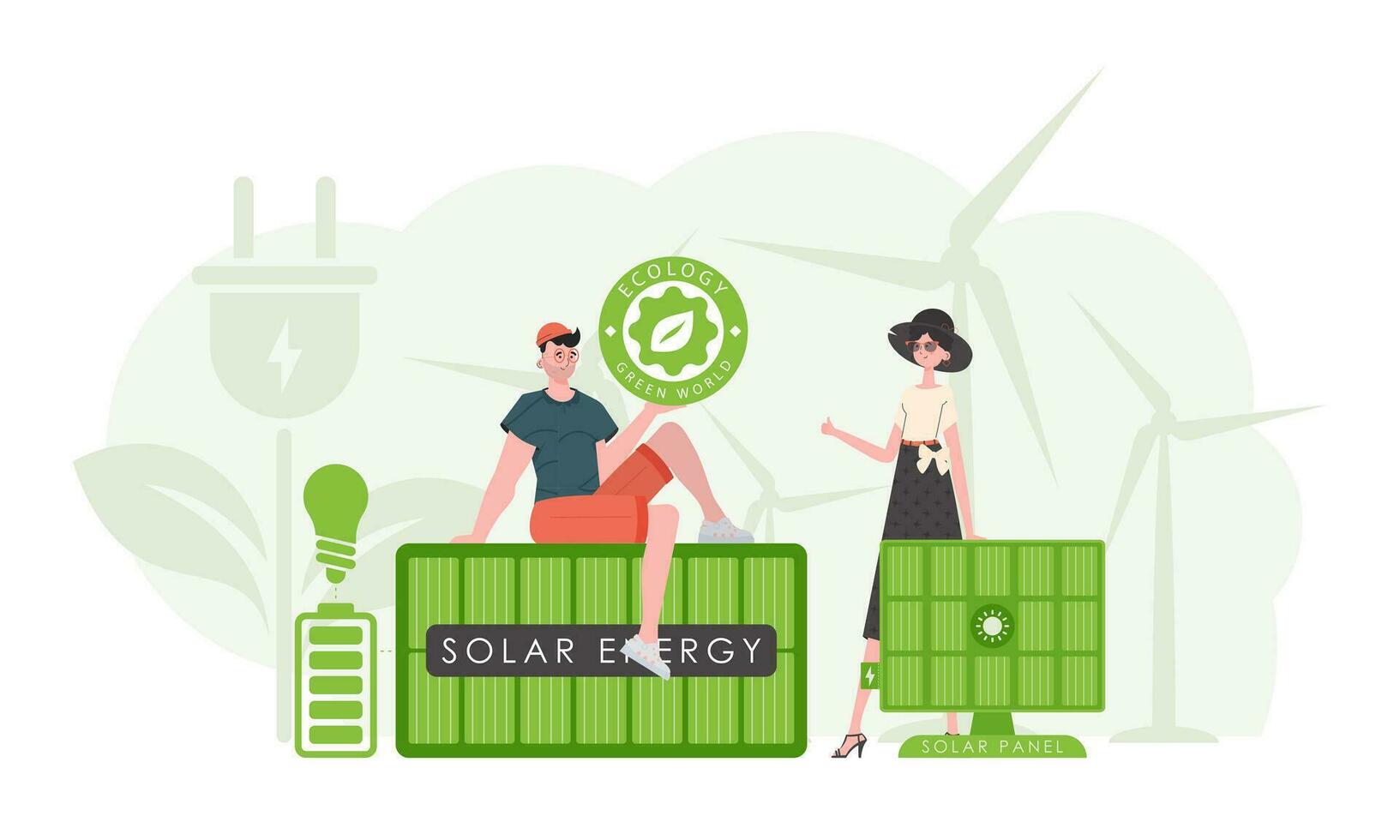 uomo e donna e solare pannelli. verde energia concetto. vettore. vettore