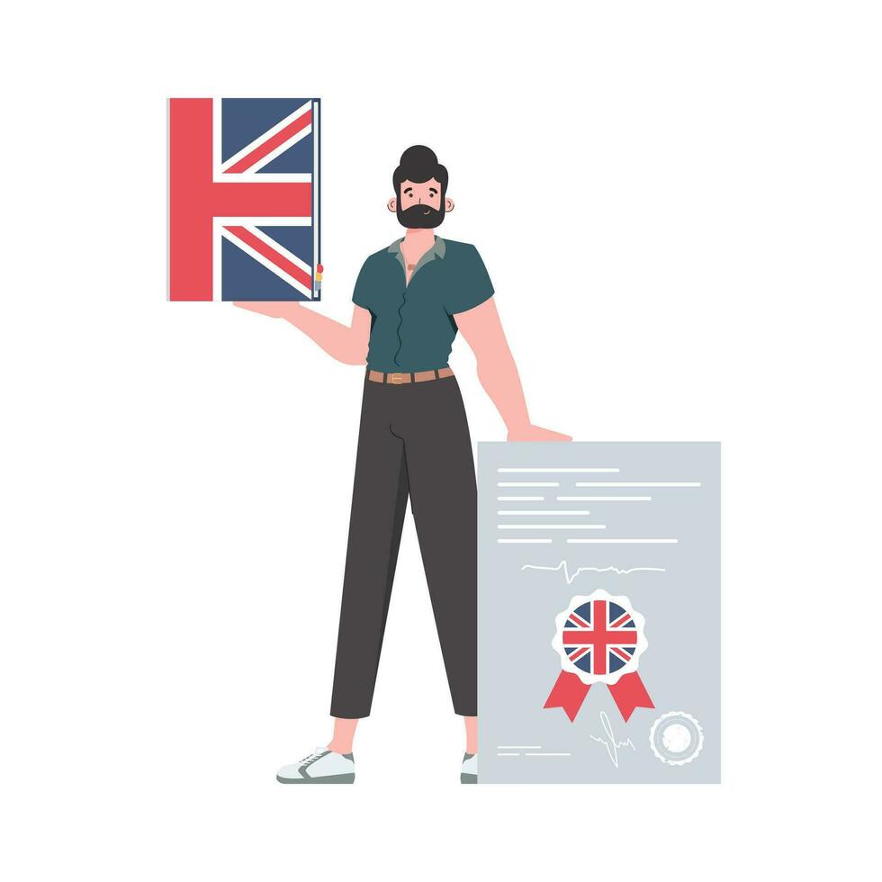 un' uomo detiene un inglese dizionario e un' certificato nel il suo mani. il concetto di insegnamento inglese. isolato. di moda stile. vettore illustrazione.