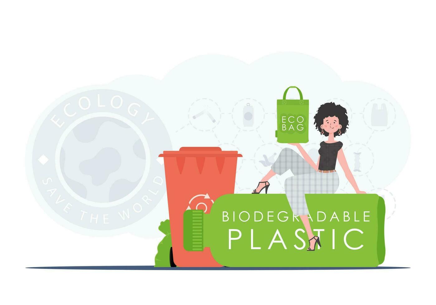 concetto di verde mondo e ecologia. il ragazza si siede su un' bottiglia con biodegradabile plastica e detiene un eco Borsa nel sua mani. tendenza style.vector illustrazione. vettore