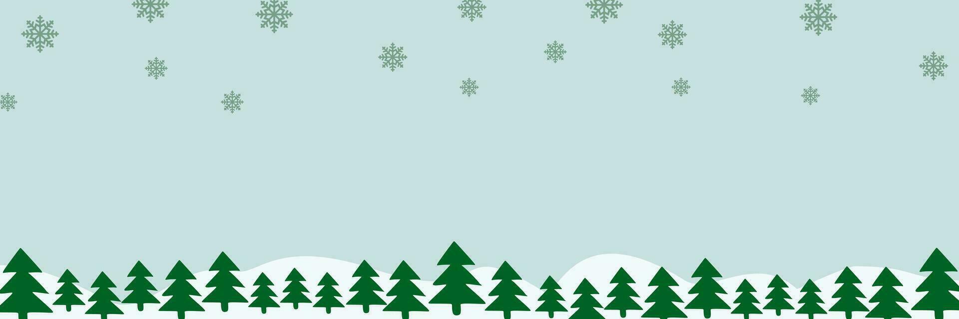 confine con verde abete alberi, caduta fiocchi di neve, cumuli di neve con copyspace per testo. pino, natale sempreverde impianti striscione. vettore Natale albero ghirlanda e neve derive modello. piatto sfondo.