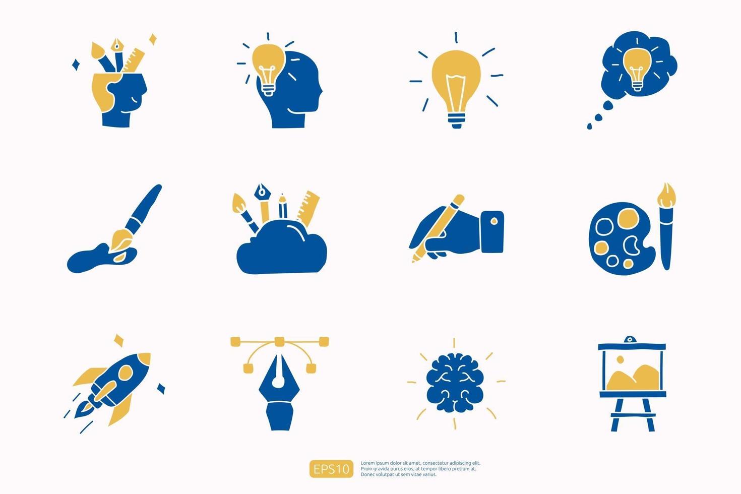 concetto di icona scarabocchio relativo alla creatività con il simbolo del cervello. design creativo, idea, ispirazione, brainstorming, avvio e illustrazione vettoriale di pensiero