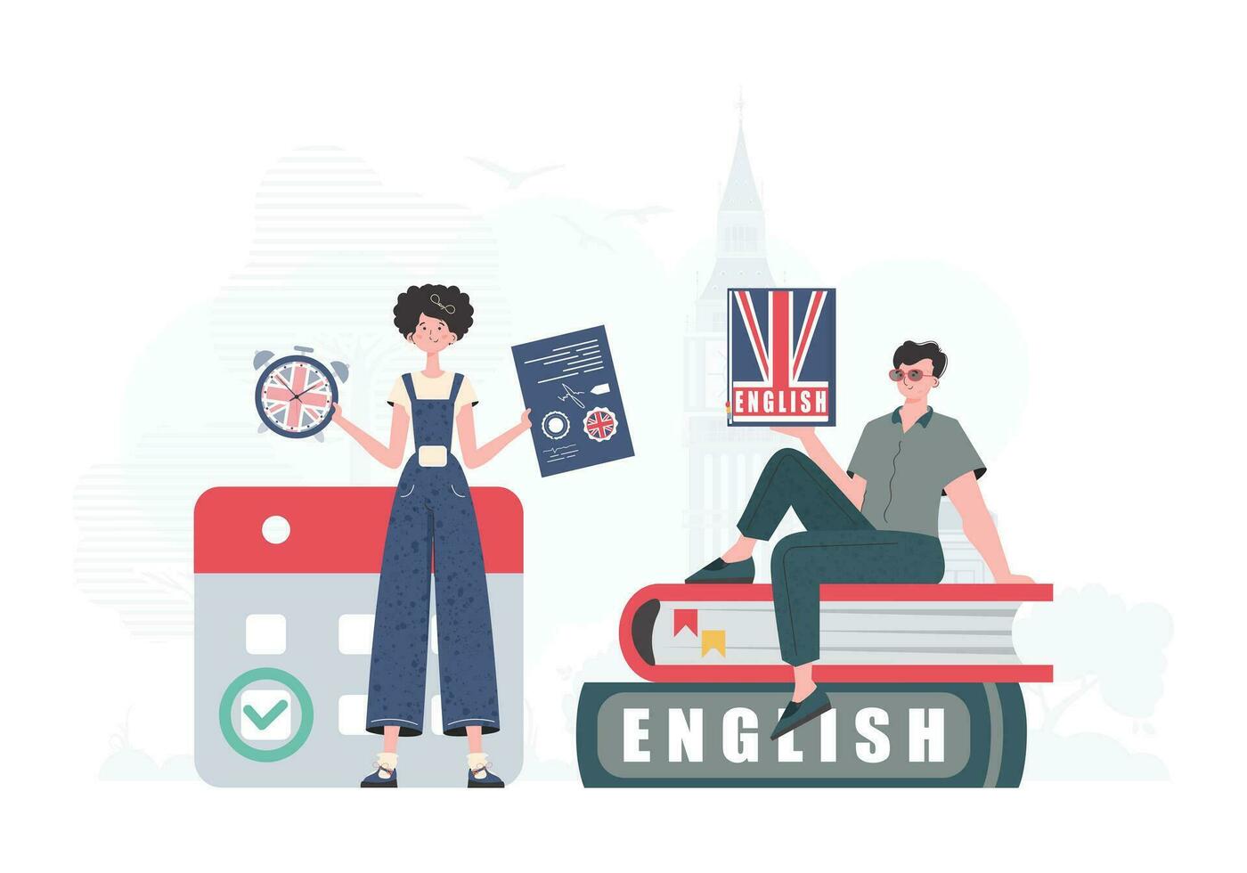 il concetto di apprendimento inglese. donna e uomo inglese insegnanti. di moda stile. vettore illustrazione.