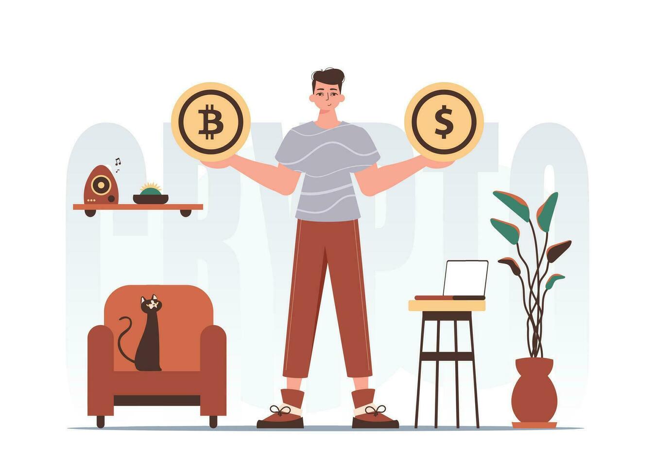 criptovaluta concetto. un' uomo detiene un' bitcoin e un' dollaro nel il modulo di monete nel il suo mani. personaggio nel moderno di moda stile. vettore