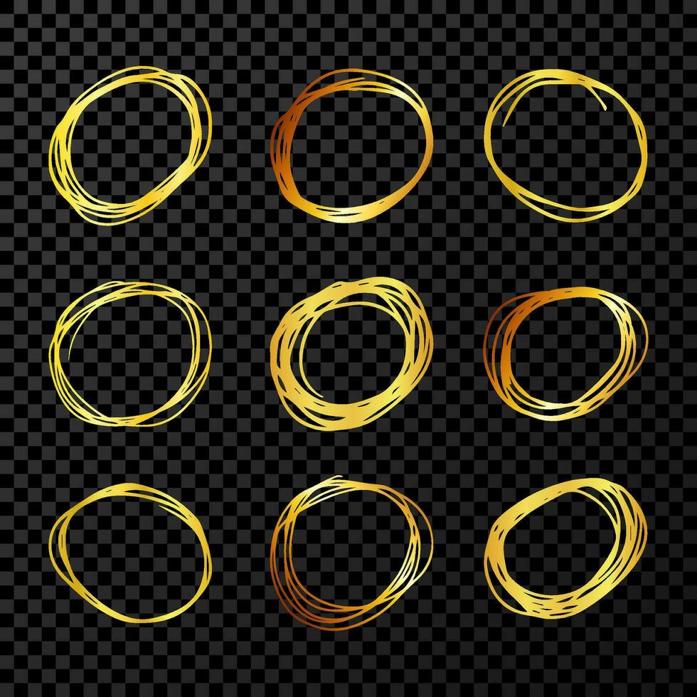 mano disegnato scarabocchiare cerchi. impostato di nove oro scarabocchio il giro circolare design elementi su buio sfondo. vettore illustrazione