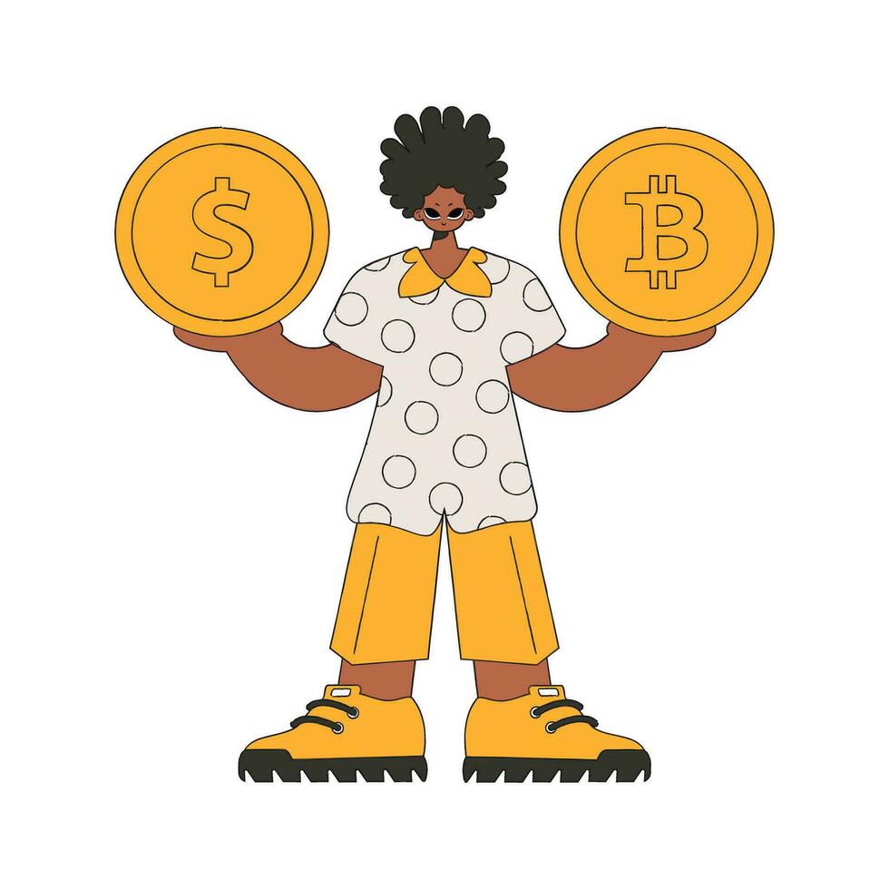 il tipo è Tenere bitcoin e dollaro. personaggio di moda stile. vettore