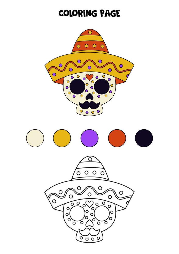 colorazione pagina con mano disegnato messicano cranio. foglio di lavoro per bambini. vettore