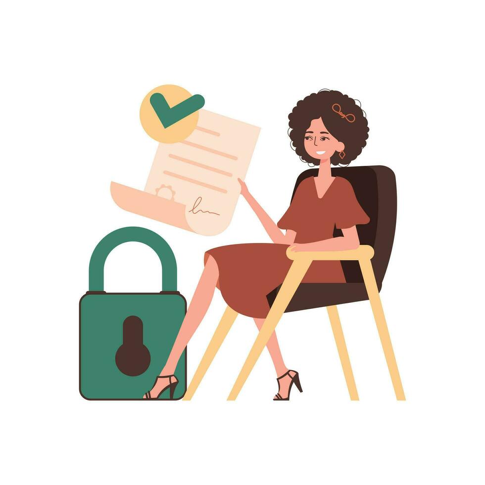 un' donna si siede nel un' sedia e detiene un' documento nel sua mani. dati protezione. inteligente contrarre. moderno di moda stile. vettore