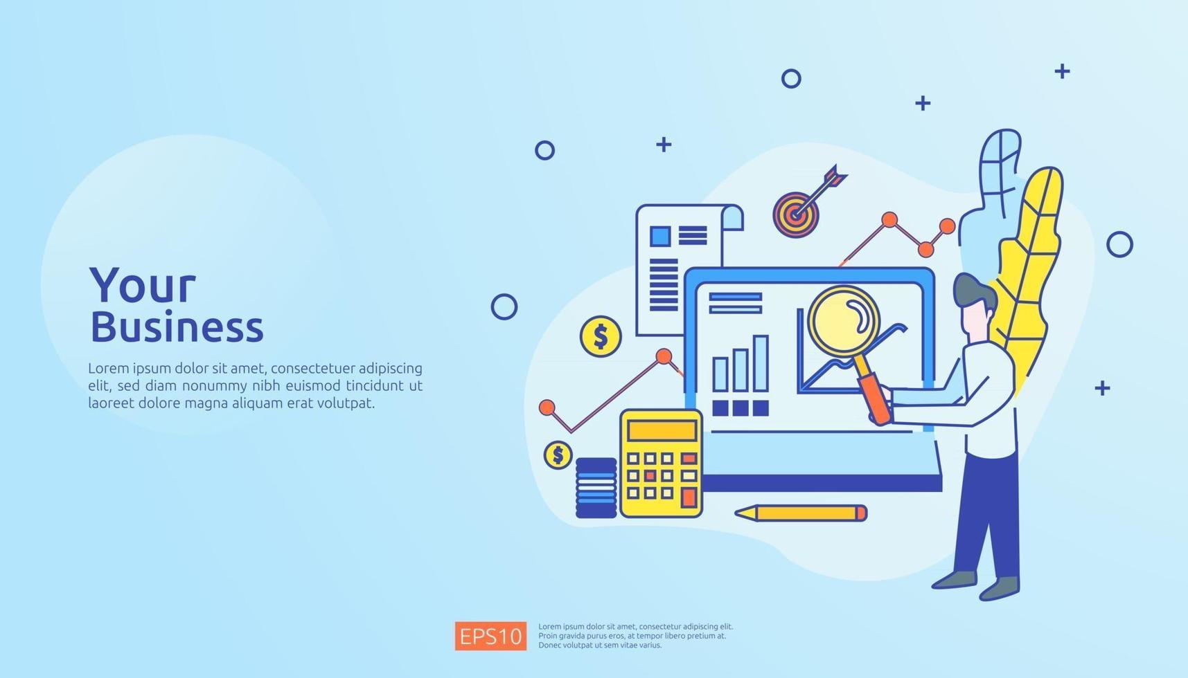 concetto di marketing con rapporto sui dati del documento. statistiche aziendali, analisi degli investimenti, pianificazione della ricerca e audit finanziario con foglio di carta, laptop, lente d'ingrandimento, scartoffie, grafici, elemento grafico vettore