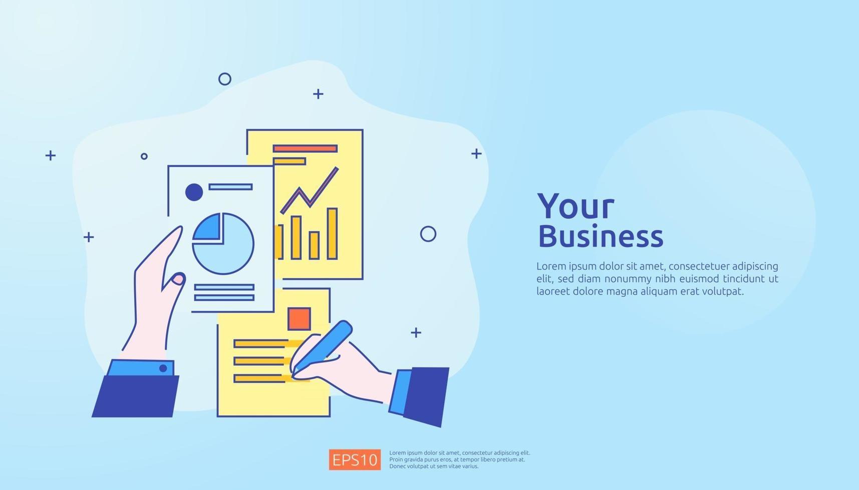 concetto di rapporto sui dati del documento grafico per statistiche aziendali, analisi degli investimenti, ricerca di pianificazione e contabilità di audit finanziario con foglio di carta, mani, lente d'ingrandimento, scartoffie, grafici, elemento di grafici vettore