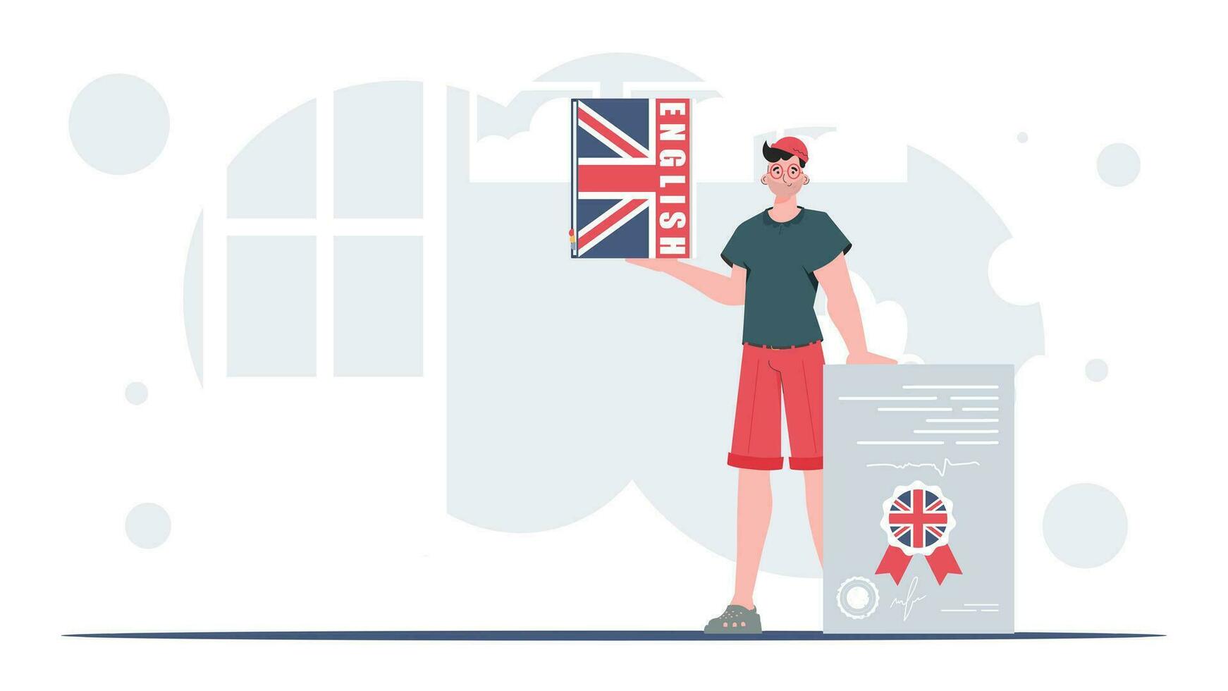 il concetto di apprendimento inglese. un' uomo detiene un inglese dizionario e un' certificato nel il suo mani. piatto moderno stile. vettore illustrazione.