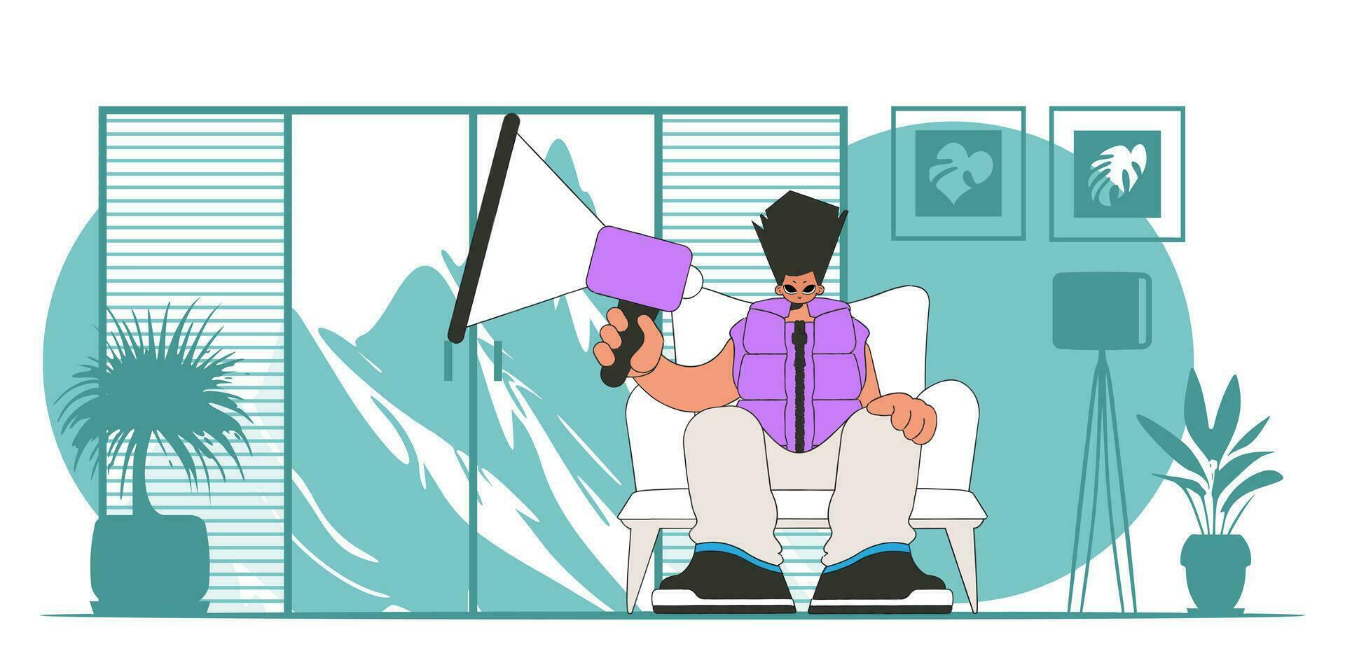 vettore illustrazione di un' umano risorse specialista. un' giovane tipo si siede nel un' sedia e detiene un' megafono.