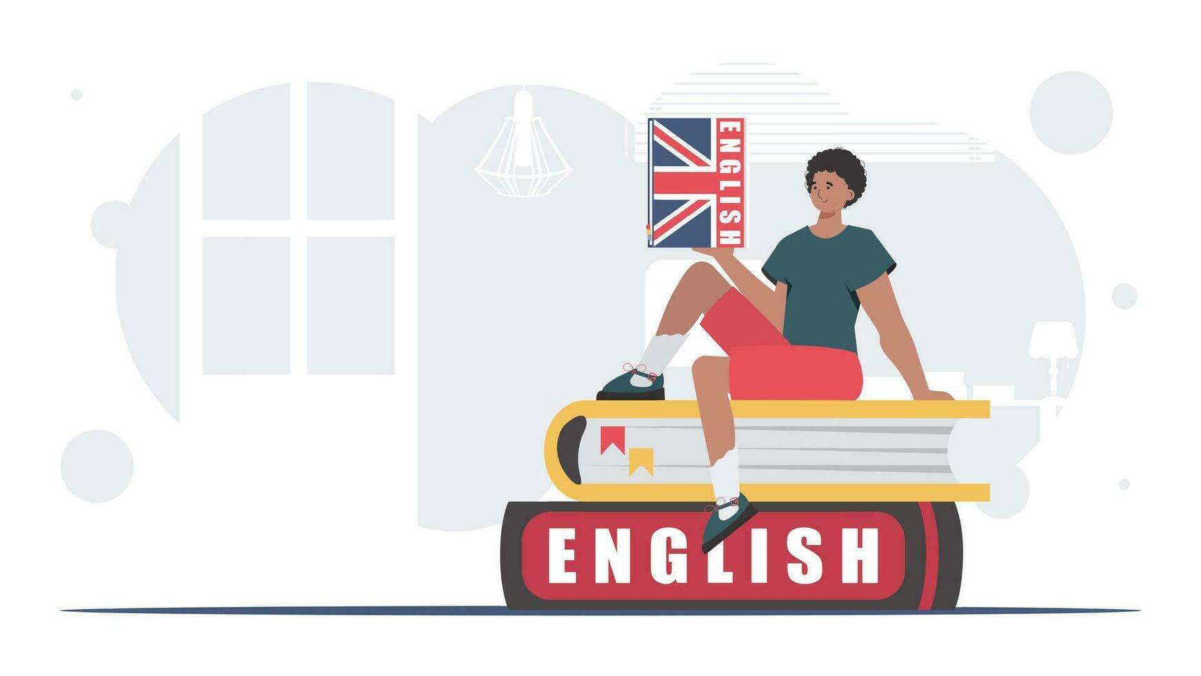 il concetto di apprendimento inglese. un' uomo si siede su libri e detiene un inglese dizionario nel il suo mani. piatto moderno stile. vettore. vettore