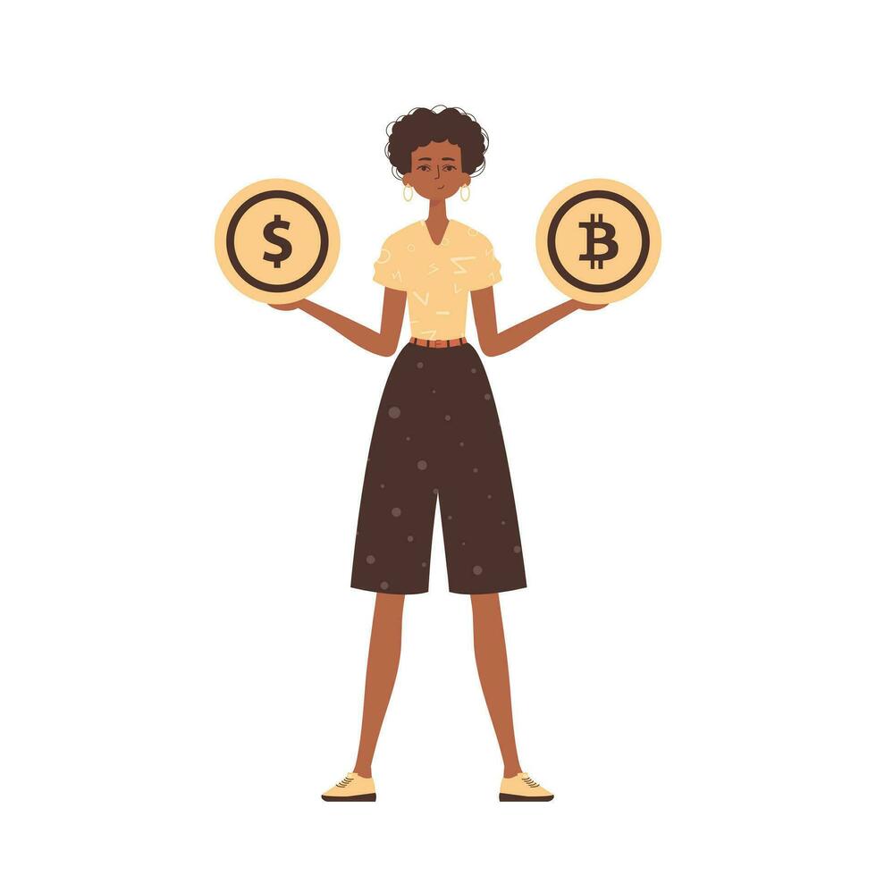 il ragazza detiene un' moneta di bitcoin e dollaro nel sua mani. personaggio nel moderno di moda stile. vettore