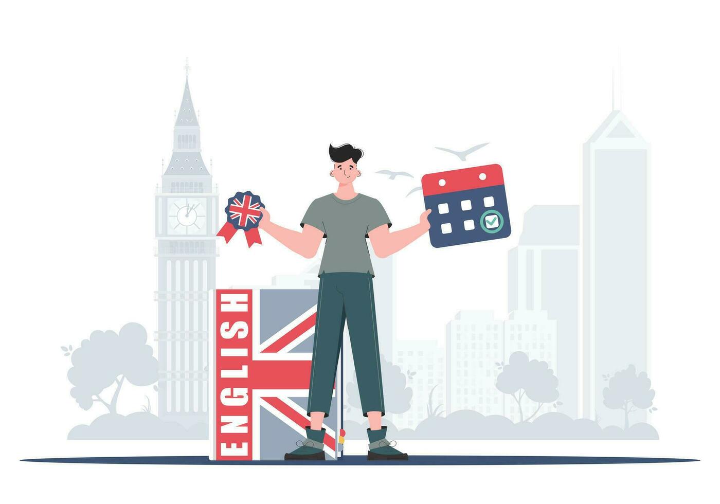 il concetto di insegnamento inglese. maschio insegnante Spettacoli quello è tempo per imparare inglese. di moda stile. illustrazione nel vettore. vettore