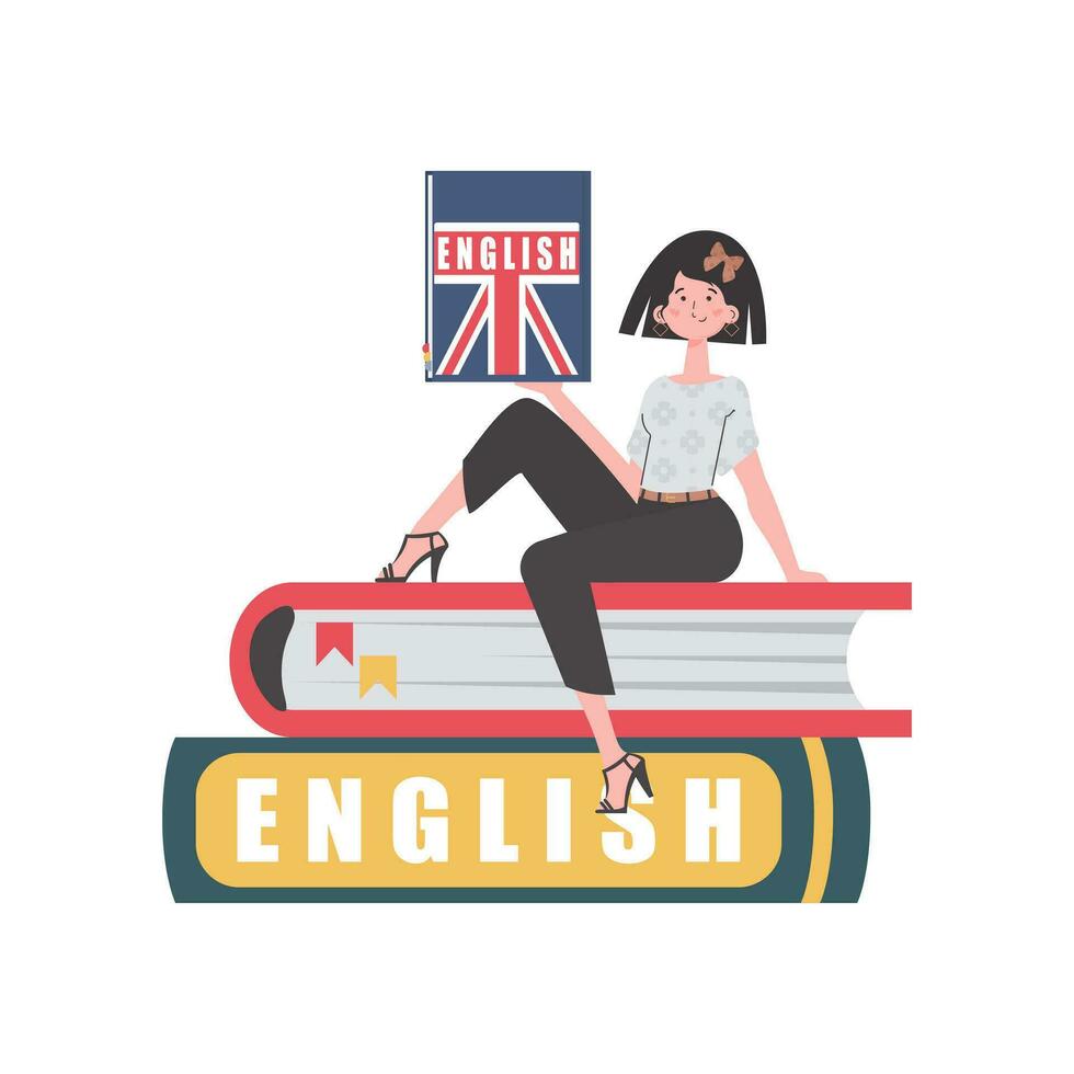 un' donna si siede su libri e detiene un inglese dizionario nel sua mani. il concetto di apprendimento inglese. isolato. piatto moderno stile. vettore. vettore