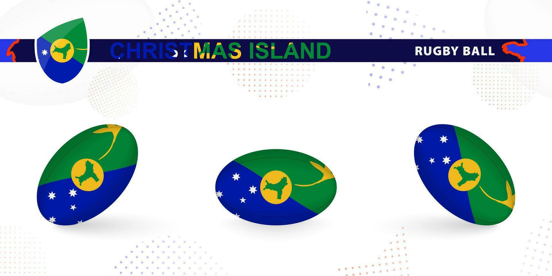 Rugby palla impostato con il bandiera di Natale isola nel vario angoli su astratto sfondo. vettore
