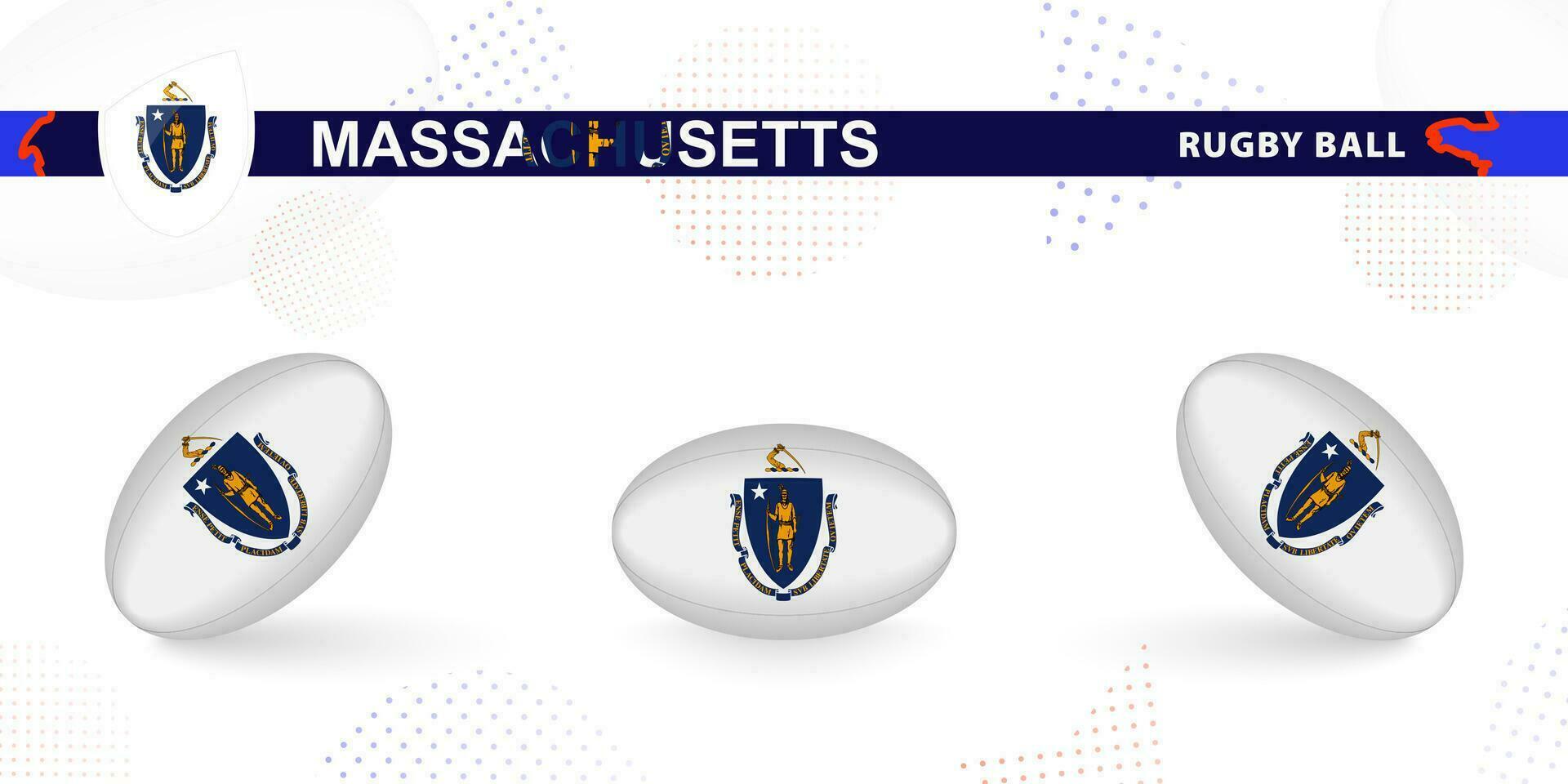 Rugby palla impostato con il bandiera di Massachusetts nel vario angoli su astratto sfondo. vettore
