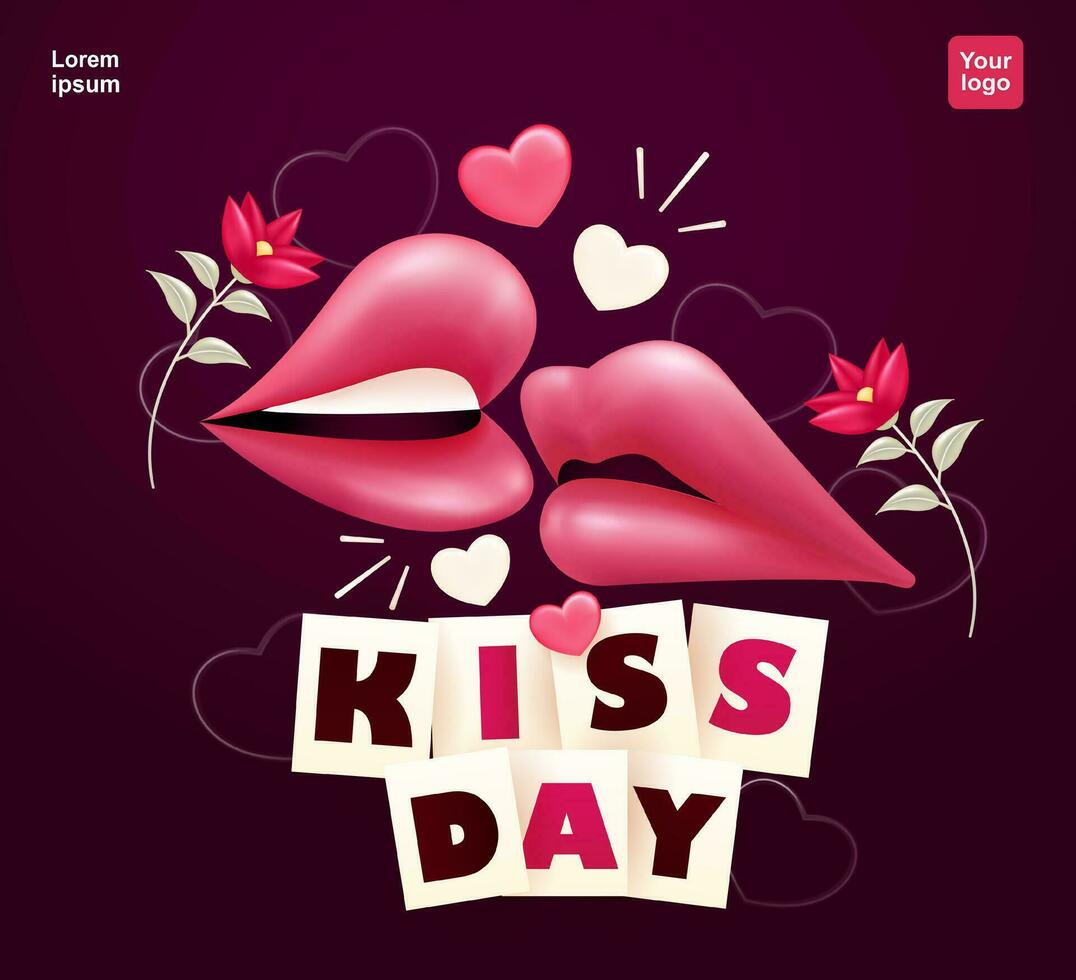 bacio giorno. labbro, cuore e fiore elementi. 3d vettore, adatto per mondo bacio giorno e San Valentino giorno vettore