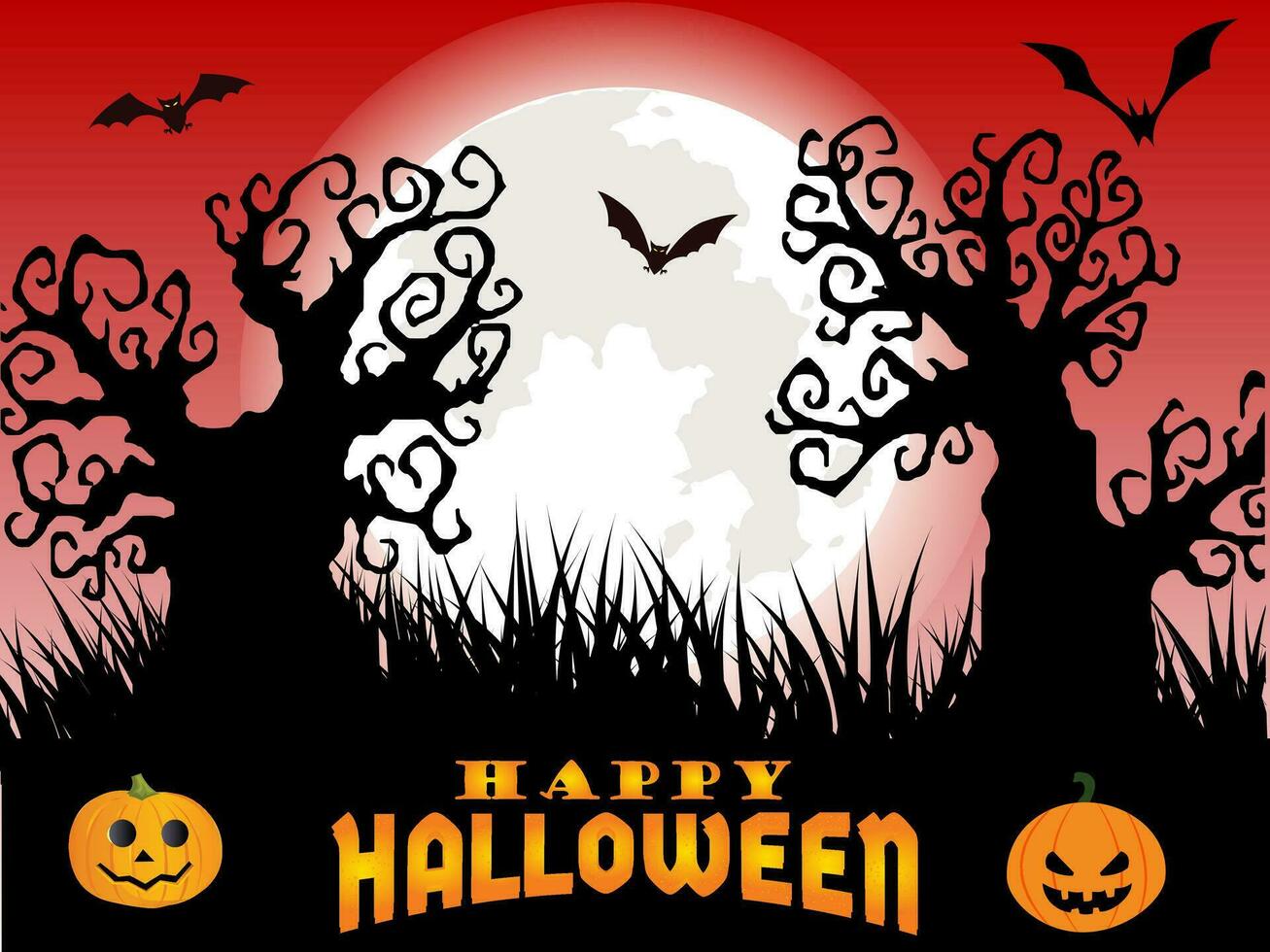 Halloween giorno festa icone per striscioni, carte, volantini, sociale media sfondi, eccetera. Halloween illustrazione. orizzontale bandiera con zucche su notte sfondo. autunno paesaggio. vettore