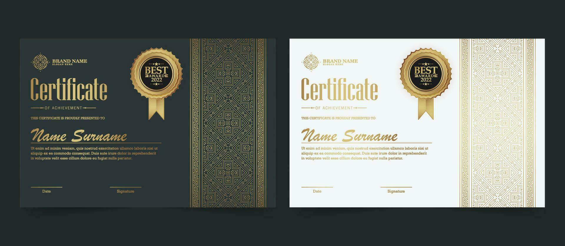 certificato di lusso nero e oro con cornice color oro vettore