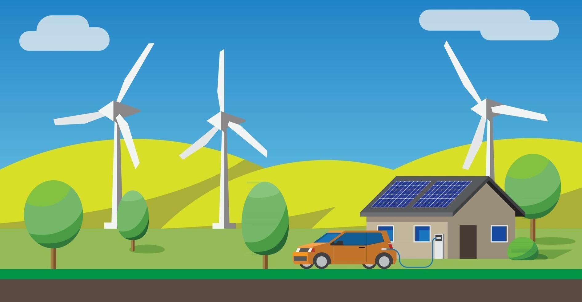 auto elettrica in carica al caricabatterie a casa, pannelli solari, turbine eoliche in background. vettore