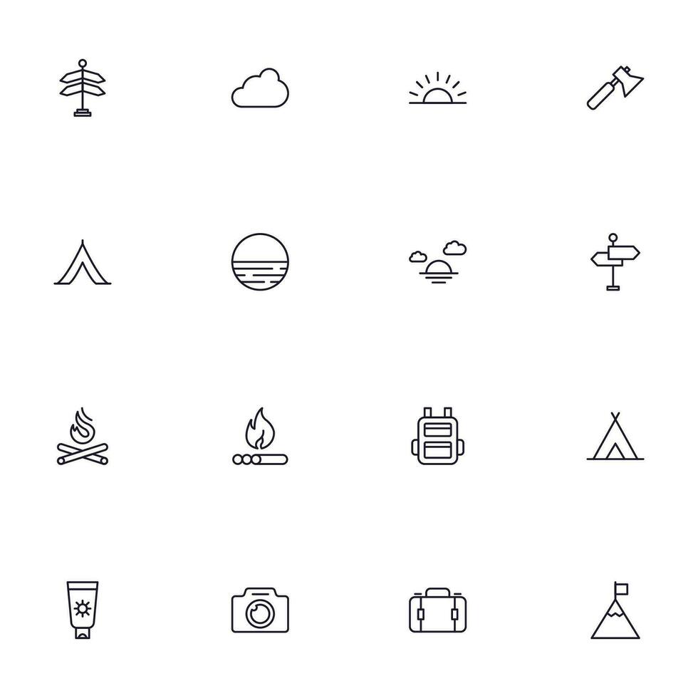 viaggio icona impostare. collezione di all'aperto attività cartello per ragnatela disegno, ui disegno, mobile app, eccetera. rilassare schema icona. campeggio nero pittogramma su bianca sfondo. vettore