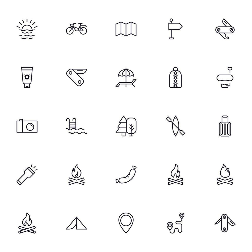 viaggio icona impostare. collezione di all'aperto attività cartello per ragnatela disegno, ui disegno, mobile app, eccetera. rilassare schema icona. campeggio nero pittogramma su bianca sfondo. vettore
