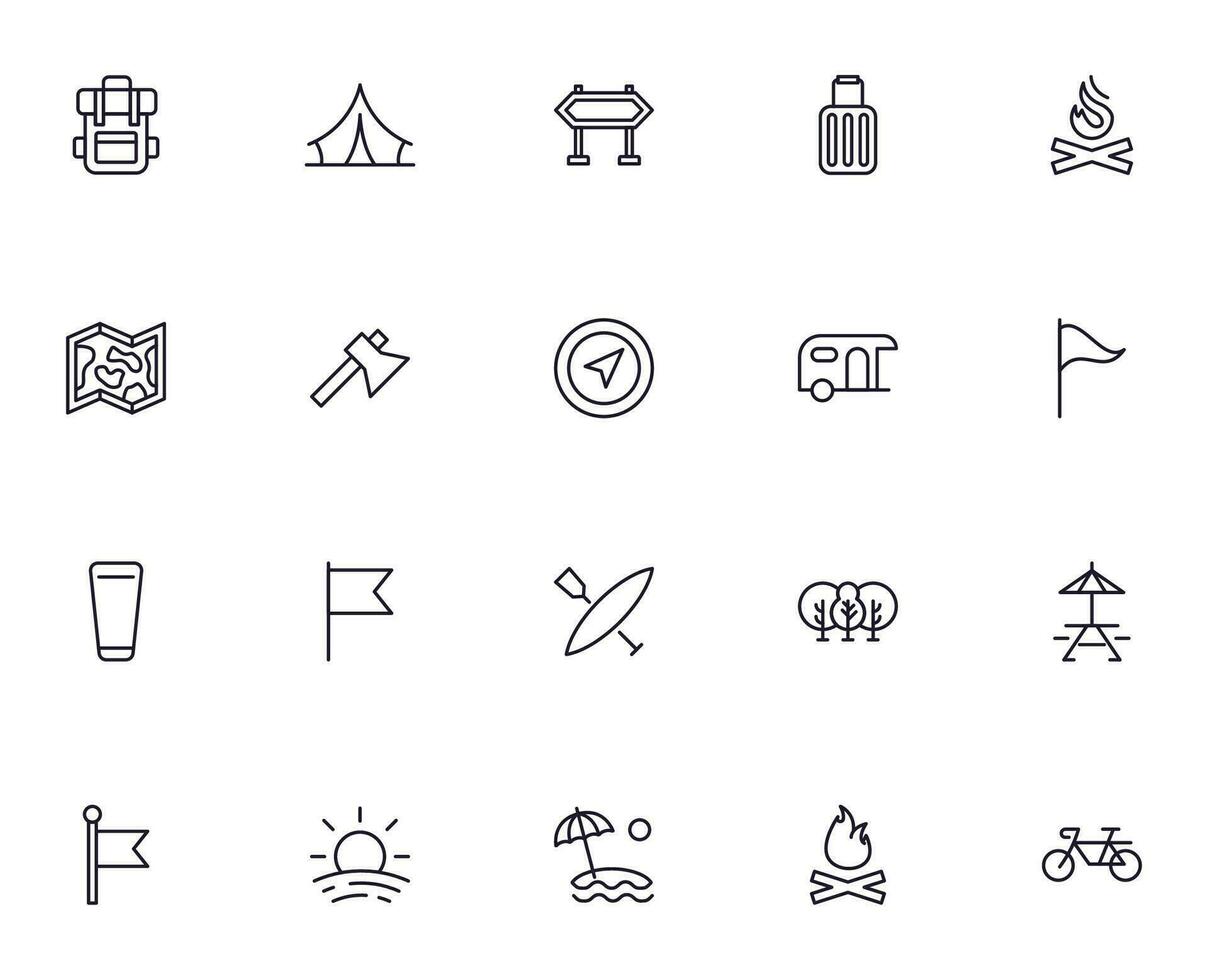 viaggio icona impostare. collezione di all'aperto attività cartello per ragnatela disegno, ui disegno, mobile app, eccetera. rilassare schema icona. campeggio nero pittogramma su bianca sfondo. vettore